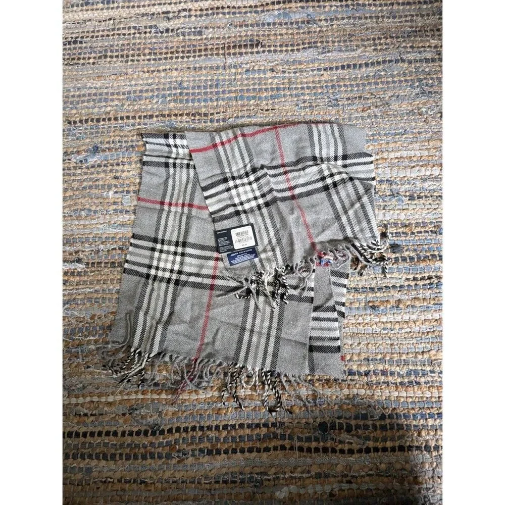 NWT John Ashford Scarf Grey Black White Plaid Fringe 62in X 11in Cozy Warm Neck